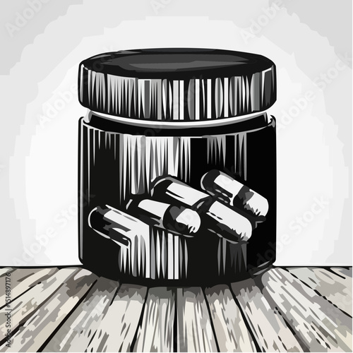 Black supplement jar with capsules on wooden table background  