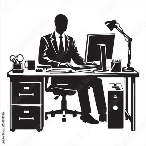 single parson office work on computers clean one  silhouettes  and Graphic, vector black color silhouette 