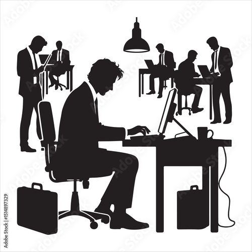 single parson office work on computers clean one  silhouettes  and Graphic, vector black color silhouette 