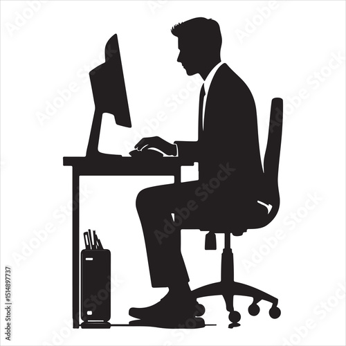 single parson office work on computers clean one  silhouettes  and Graphic, vector black color silhouette 