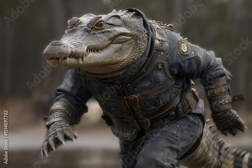 A crocodile in a tactical track suit moving swiftly, rugged texture, stealthy speed