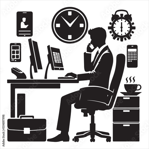 single parson office work on computers clean one  silhouettes  and Graphic, vector black color silhouette 