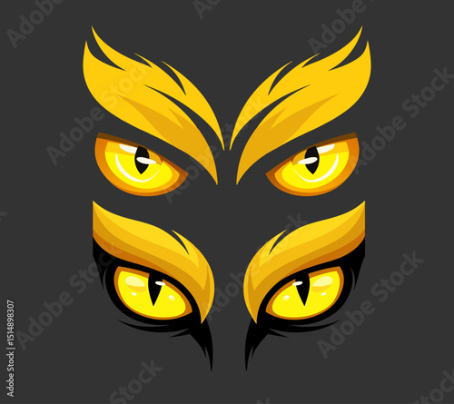Striking yellow animal eyes vector set with sharp, fierce expressions on a dark background.