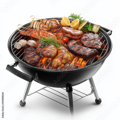 Barbecue grill with assorted meats and vegetables ready for grilling on a sunny day