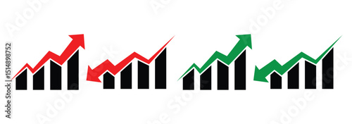 Graph chart with increase, decrease symbol. Arrow going Up and Down sign with green and red color vector. Market stock rate price, financial arrows up and down. Vector illustration