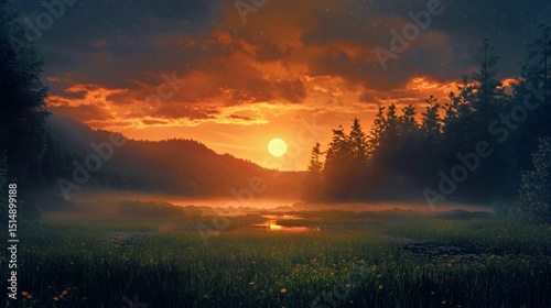 Stunning sunset over a serene forest lake, with vibrant colors reflecting on the water.