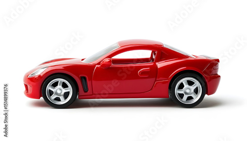 One red car isolated on white. Children`s toy