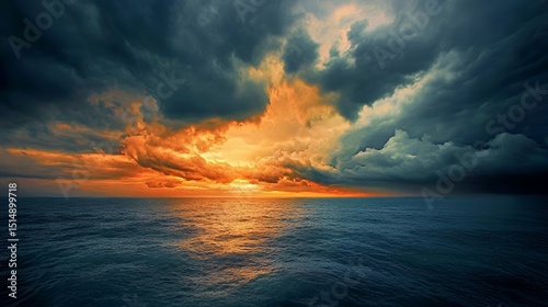 Dramatic sunset over the ocean with vibrant clouds and calm waters.