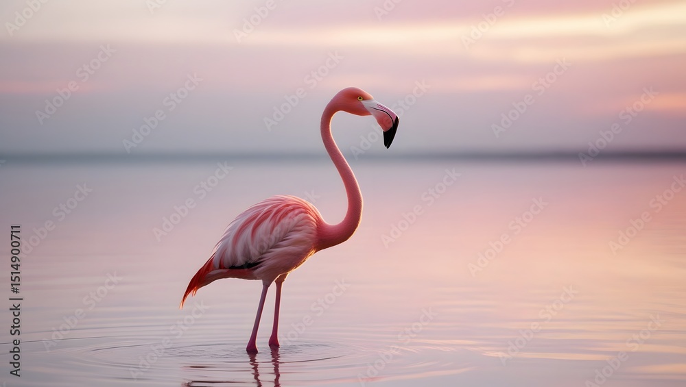 Fototapeta premium Elegant Flamingo in Golden Sunrise Waters