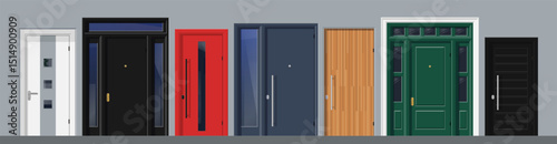 collection of modern front entrance doors house exterior vector illustration