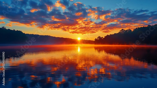Stunning sunrise over a tranquil lake with vibrant colors and misty reflections.