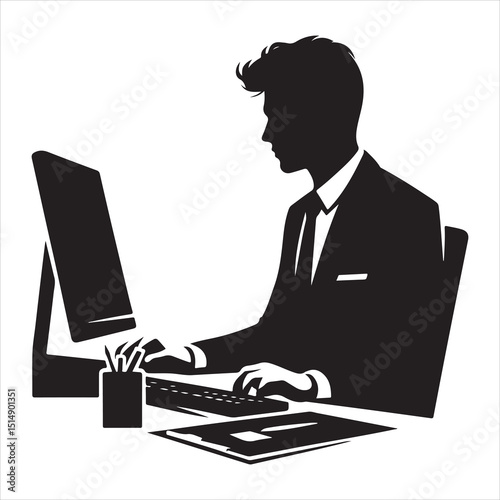 single parson office work on computers clean one  silhouettes  and Graphic, vector black color silhouette 