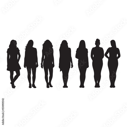 Silhouette outlines of seven different women standing together in various poses isolated