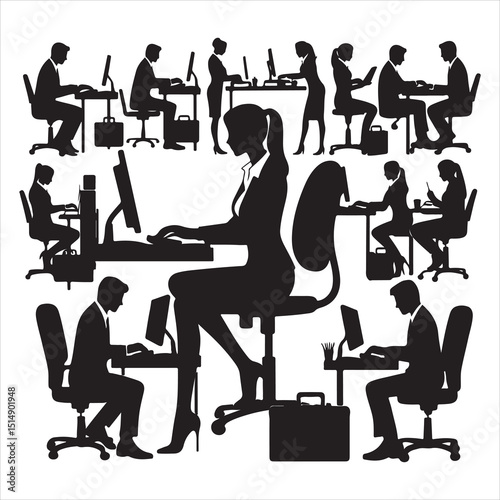 single parson office work on computers clean one  silhouettes  and Graphic, vector black color silhouette 