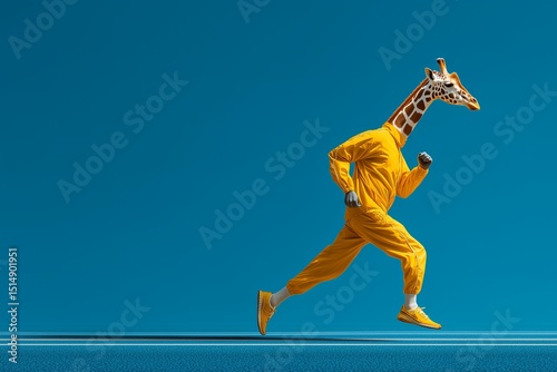 A giraffe in a yellow running suit on solid blue, tall athlete, sports humor, commercial use