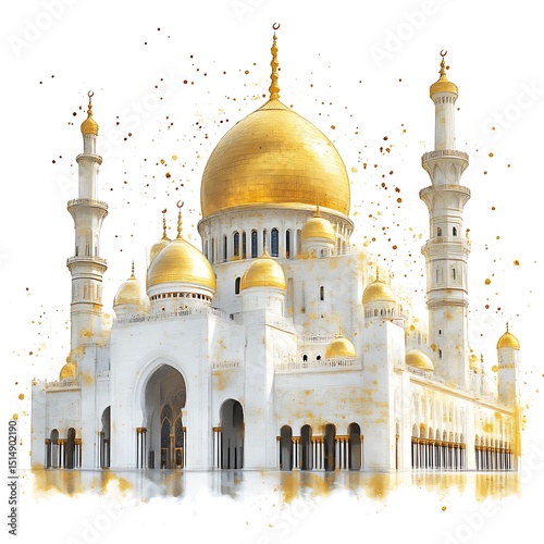 Grand mosque, white exterior, golden dome, religious architecture photo