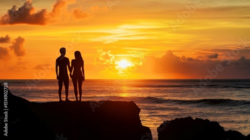 Silhouette of a couple holding hands at sunset by the ocean.