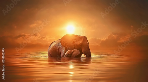 Silhouetted elephant wading in water at sunset, creating a serene and majestic scene.