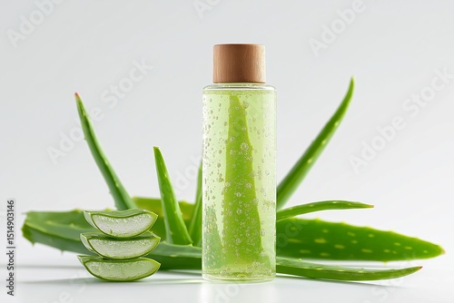 Natural aloe vera gel in a transparent bottle with fresh aloe leaves on bright white background for skincare and wellness