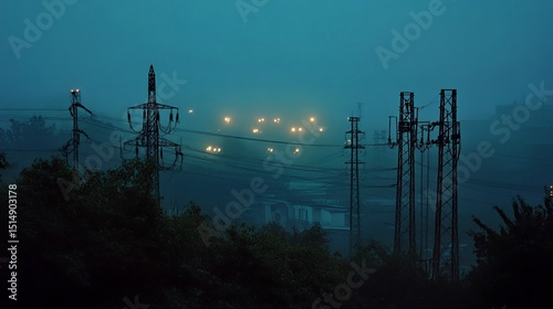Mysterious dusk with power lines silhouetted in fog and distant glowing lights.
