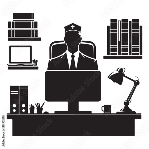 single parson office work on computers clean one  silhouettes  and Graphic, vector black color silhouette 