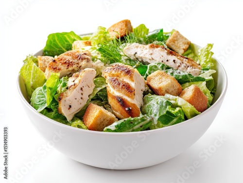 Savoring a delicious chicken caesar salad in a bowl with crisp lettuce, flavorful grilled chicken, crunchy croutons, and creamy dressing on a bright white background