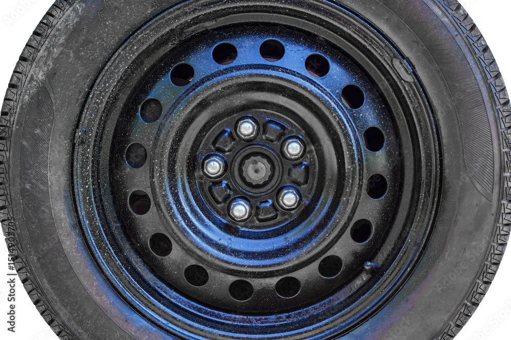 Obraz premium Black car wheel with chrome lug nuts isolated on white