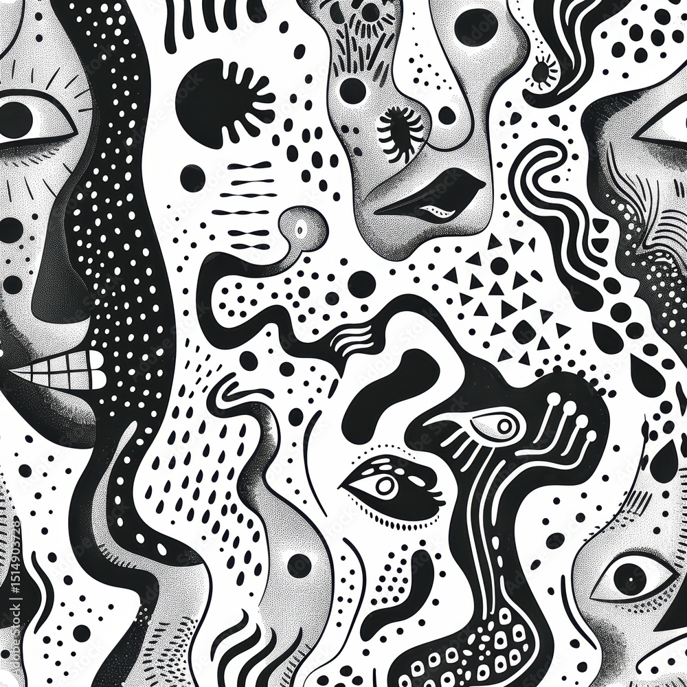 Fototapeta premium Abstract Faces and Shapes in Black and White Art Composition