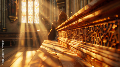 A golden wooden bench in the cathedral, illuminated by sunlight streaming through stained glass windows, casting intricate shadows. The scene captures the beauty of the altar and the warmth of the gol