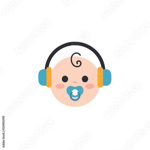 Baby face with headphones and pacifier in playful design concept on a transparent background icon	