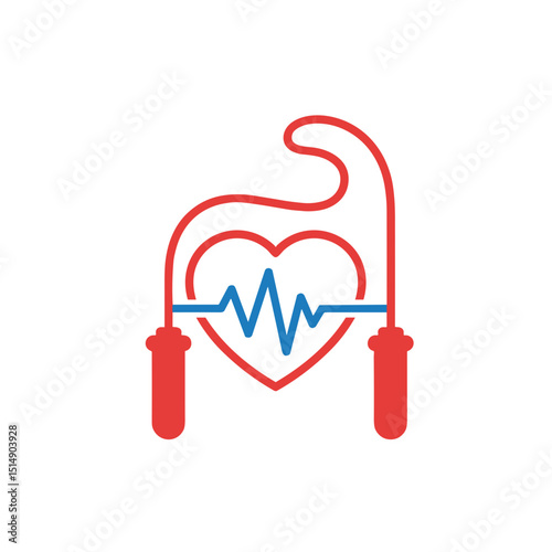 Jump rope with heart symbol and heartbeat line concept of fitness  on a transparent background icon	