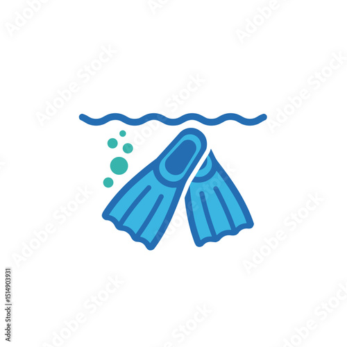 Blue swimming fins submerged underwater with bubbles concept of icon  on a transparent background 