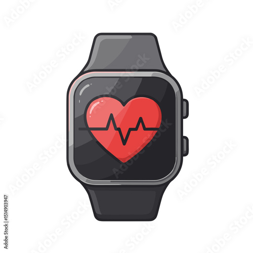 Smartwatch displaying heart rate icon with heartbeat graph  on a transparent background icon	