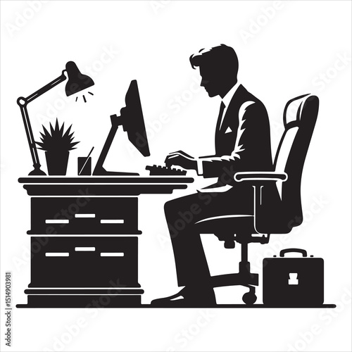 single parson office work on computers clean one  silhouettes  and Graphic, vector black color silhouette 