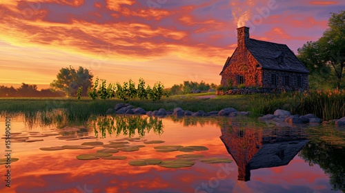 Charming stone cottage by a peaceful lake at sunset, reflecting vibrant colors.