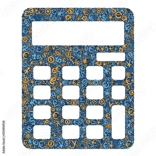 Calculator illustration filled with currency symbols in blue and orange  on a transparent background icon	