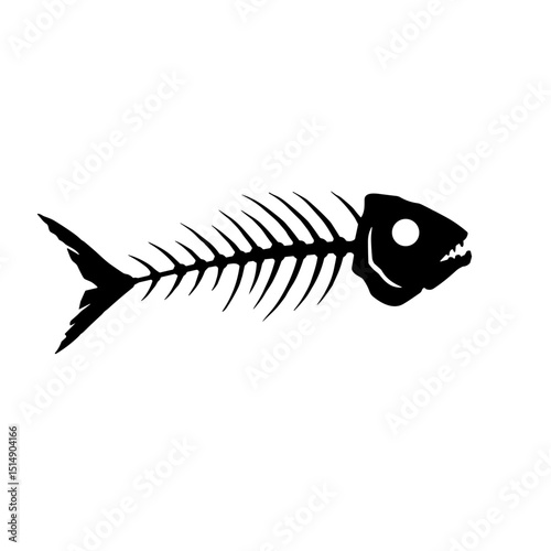 Black fish skeleton icon with detailed bones on a transparent background icon	