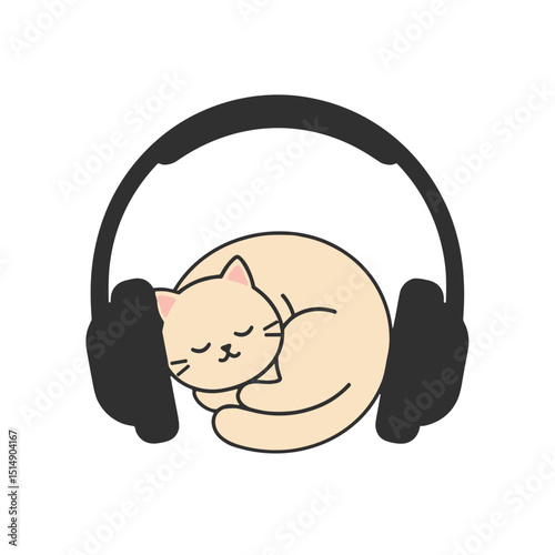 Cartoon cat sleeping inside headphones in minimalist style  on a transparent background icon	