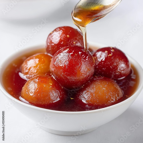 Delicious gulab jamun soaked in syrup served in a white bowl on a clean background, perfect for dessert lovers