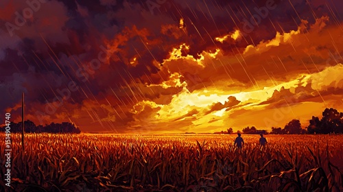 Two figures walk through golden cornfields under a dramatic sunset sky.