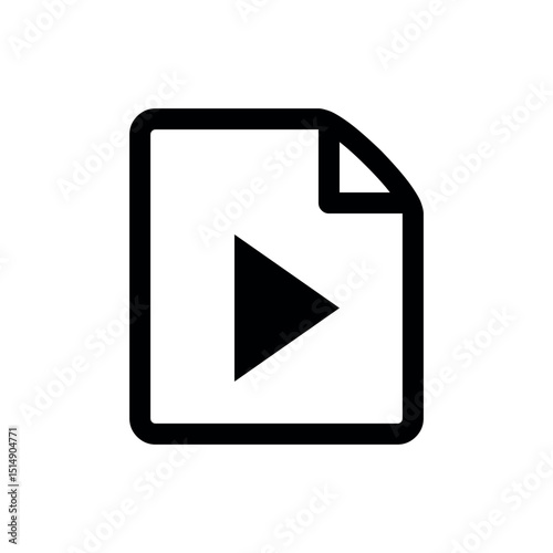 Video File Play Icon, a black outline icon of a document with a folded top-right corner, containing a centered play triangle. It represents a video file or a playable media document