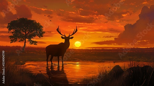 Majestic stag silhouette at sunset by serene waterside