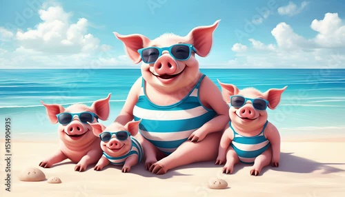 contented cartoon pig family on holiday, lying and smiling on sandy beach by the sea