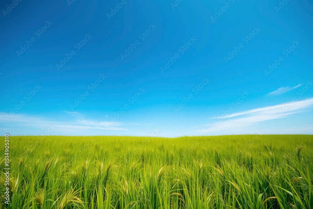 Fototapeta premium Vibrant green field of wheat stretches toward the clear blue sky on a bright, sunny day