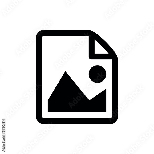 Image File Icon, a black outline icon of a document with a folded top-right corner, containing a simplified landscape of mountains and a sun or moon. It specifically represents an image file