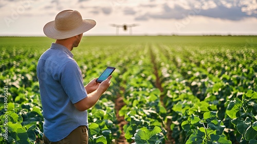 Male farmer using smartphone while monitoring crops with drone in the field.
