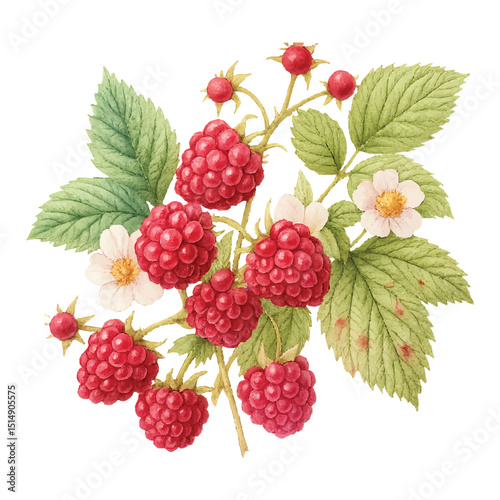 Raspberries with Leaves & Flowers Isolated  on a Transparent PNG background - Watercolour Art