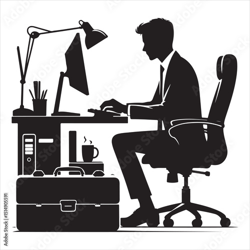 single parson office work on computers clean one  silhouettes  and Graphic, vector black color silhouette 