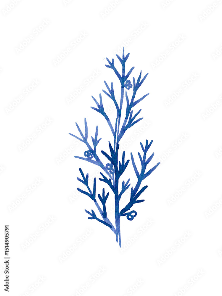 Fototapeta premium Watercolour hand drawn tropical leaves, brush line technique, blue leaves hand drawn.Ude as print, poster, element design, textile, fabric, sticker, tattoo, invitation, greeting card, package design.