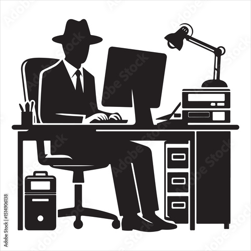 single parson office work on computers clean one  silhouettes  and Graphic, vector black color silhouette 